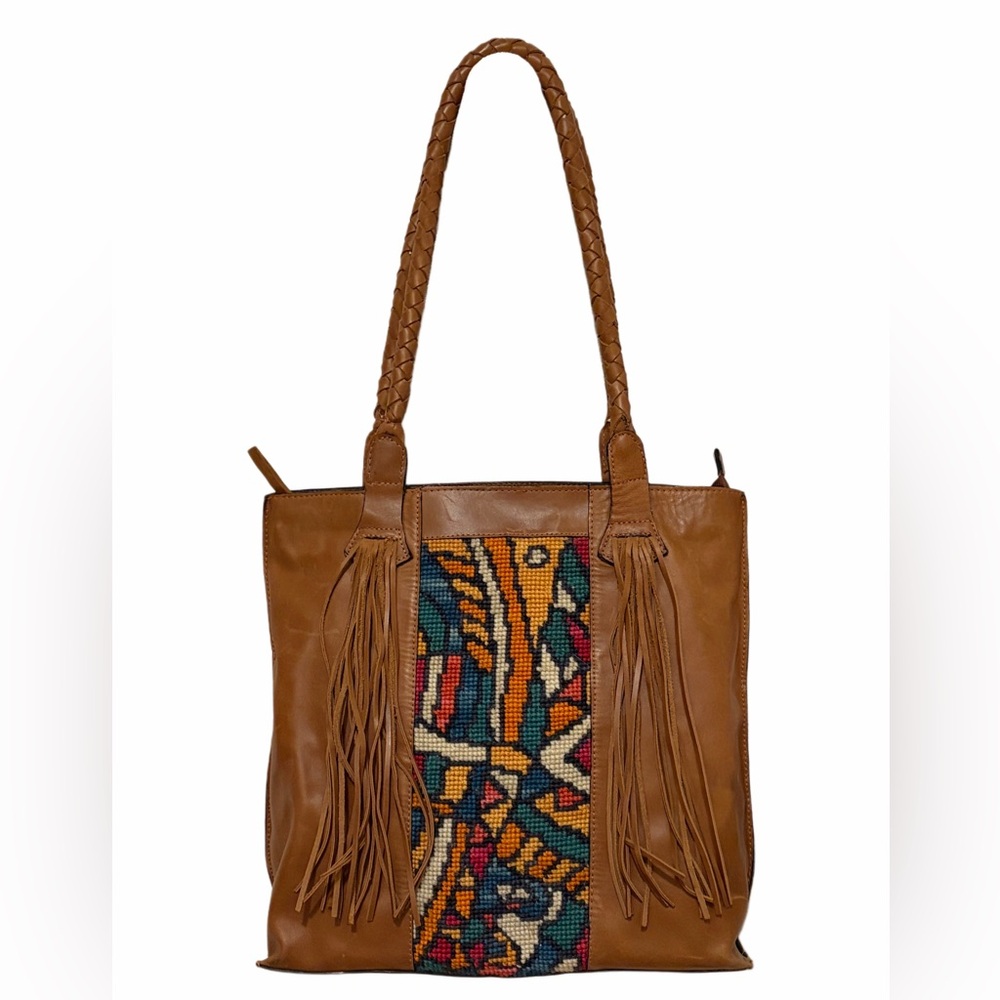Brown Leather‎ Fringe Tote Bag with Colorful Needlepoint Panel